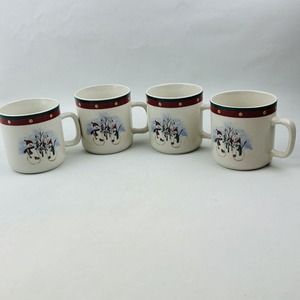 Royal Seasons Snowmen 4 Mug Lot 3.25" Cup Red Band Dots‎ Green Trim Stoneware